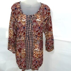 Style & Co Peasant Style BoHo Top Bell Sleeve Size L Brown Navy Cream Pattern